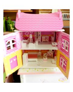 Pink Daisy Wooden 1:12th Scale Kids Girls Play Dolls House With Furniture
